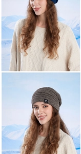 Detailed knit texture of a warm winter beanie with a branded round patch and cable sweater