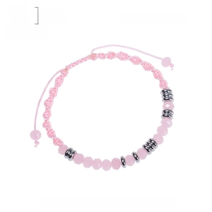 Morse code pink crystal beaded bracelet with adjustable woven cord and silver accents