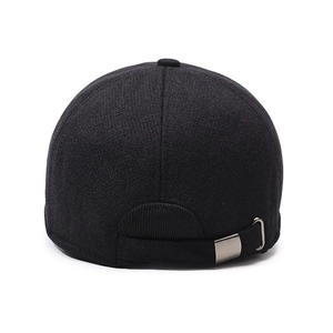 Rear view of black thick fleece baseball cap with adjustable metal buckle for men