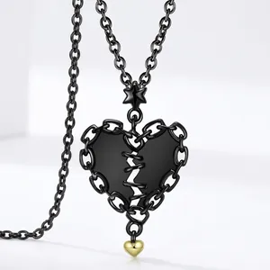 Stitched Broken Heart Pendant Necklace 925 Sterling Silver Black Gold Plated Gothic Punk Style Jewelry For Women