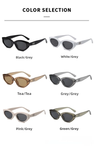 Cat-eye sunglasses color selection in black, white, tea, grey, pink, and olive green