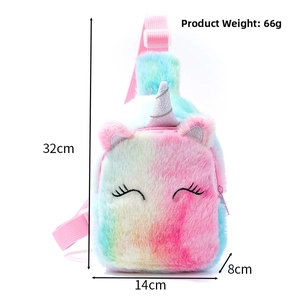 Detailed view of plush unicorn bag showing 32x14x8cm dimensions and rainbow texture