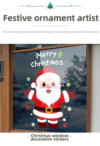 Detail of Santa Claus window sticker with Merry Christmas text and snowflakes