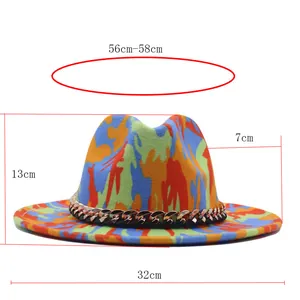 Detailed size guide showing 7cm wide brim and 56-58cm circumference for fedora hat