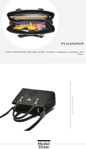 Detailed interior of black faux leather tote showing large capacity and multiple pockets