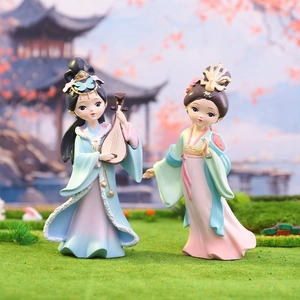 Miniature resin ancient Chinese court ladies figures with lute and flower decor