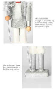 Detail of silver Nutcracker soldier with star staff and stable glittery square base