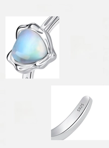 Macro shot of S925 sterling silver ring featuring a floral set moonstone with S925 stamp
