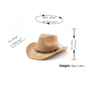 Detail view of camel suede cowboy hat showing dimensions, weight, and ethnic beaded band