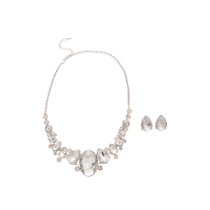 Elegant water drop necklace and earrings jewelry set with sparkling rhinestones in silver finish
