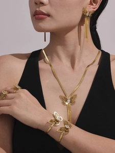 Detailed view of gold butterfly jewelry set featuring 5A zircon inlay on necklace and ring