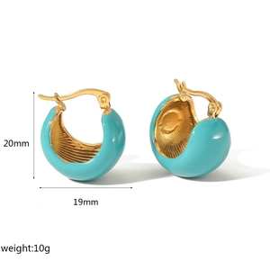 Detail view of gold-plated enamel earrings with dimensions 20mm height and 19mm width