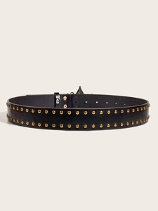 Close-up of black leather punk belt featuring dual-row gold round metal studs