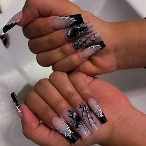 Lange Coffin Press On Nails Dunkle Gotik Schwarz Lila Farbverlauf Spinnennetz Design Ballerina Künstliche Nägel Halloween Damen
