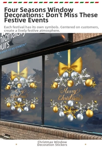 Detail of gold Christmas bow and bauble stickers with Merry Christmas lettering for windows