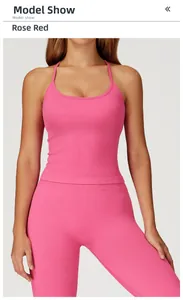 Detail of rose red seamless yoga set with thin cross straps and ribbed texture