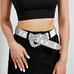 Ceinture blanche en cuir PU style punk Y2K avec rivets argentés et strass étincelants