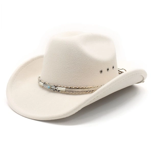 Chapeau de cowboy en feutre blanc crème avec bande de plume turquoise et œillets
