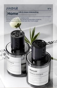 Detail of 160ml dark grey glass car fragrance bottle with a black diffuser cap