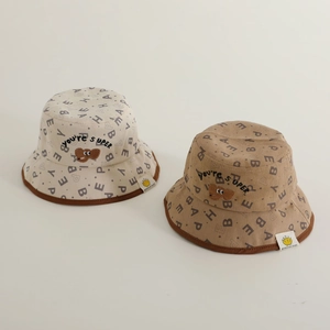Chapeau Bob Pour Enfants Velours Côtelé Imprimé Lettres Broderie Ours Dessin Animé Mentonnière Coupe-Vent Protection Solaire