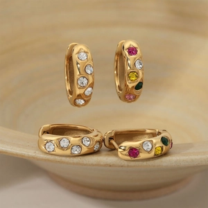 French Retro Stainless Steel Hoop Earrings With Colorful Zircon Gold Plated Geometric Ear Buckle Women