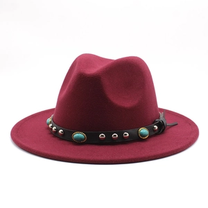 Classic wine red wool fedora hat with turquoise leather band and silver studs