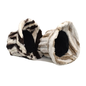 Plush faux fur bucket hats with tie-dye stripes in brown and beige for winter warmth