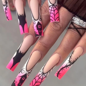 Halloween Press On Nails Long Trapezoid Pink Black Gradient Bat Spider Web Gothic False Nails For Women