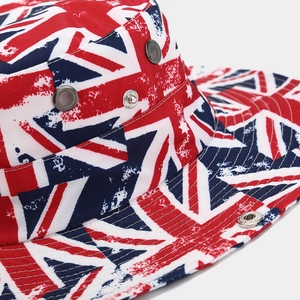 Detail of Union Jack sun hat featuring metal eyelets and reinforced stitching detail