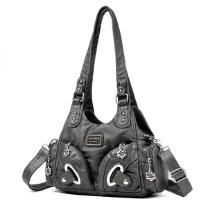 Dark grey soft PU leather tote bag with multi-pocket design and silver hardware