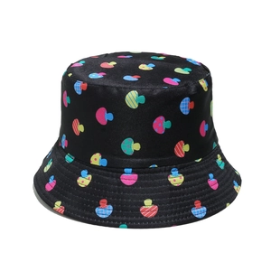 Close-up of a black bucket hat featuring vibrant colorful mushroom prints and smooth fabric