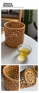 Close-up of cross-weave patterns on handmade natural rattan woven storage basket