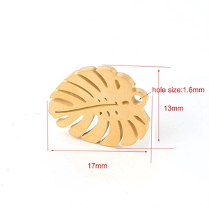 Detailed macro view showing 13x17mm gold stainless steel leaf pendant with dimensions