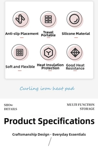 Detailed icon list showing silicone heat resistant pad features for curling irons