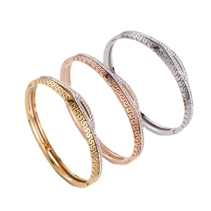 Polished stainless steel bracelets with Greek key pattern and cubic zirconia in three colors