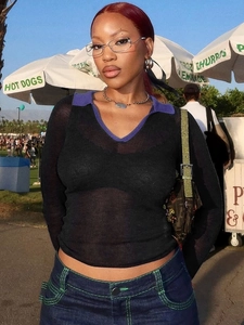 Haut femme à manches longues en mesh rayé avec col revers violet et style urbain décontracté