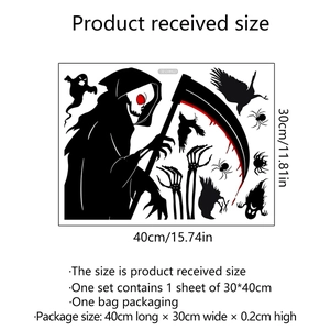 Detail view of Halloween wall stickers with blood prints, reaper, and size specs