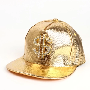 Hip Hop Flat Brim Baseball Cap PU Leather Snake Pattern Rhinestone Dollar Sign Snapback Adjustable Hat