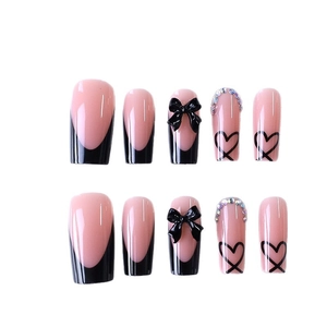 Black French manicure fake nails with 3D bows and rhinestones in 10-piece set