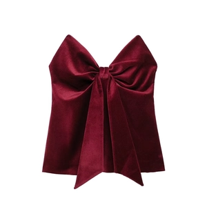Top Tube En Velours Rouge Vin Pour Femme Sans Bretelles Avec Gros Noeud Court Sexy Fête Noël