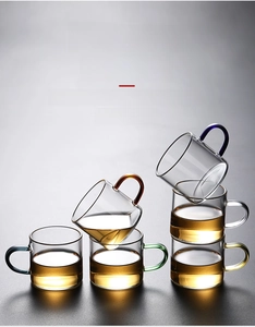 Detailed view of high borosilicate glass cups with vibrant multi-colored handles set