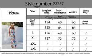 Detailed size chart for floral maxi dress showing length, bust, and waist in centimeters