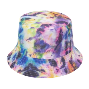 Detail of multi-color tie-dye bucket hat with reinforced stitching and cotton texture