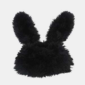 Close-up of the soft black plush faux fur bunny ears detail on this warm winter hat