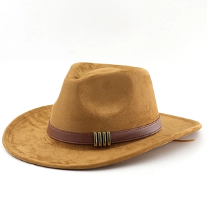 Classic camel faux suede cowboy hat with brown leather band and gold metal accents
