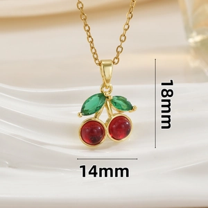 Titanium steel cherry pendant necklace with red zircon beads and green leaves