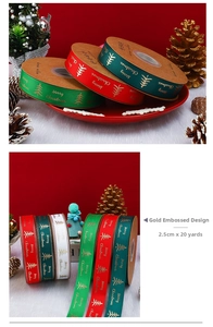 Close-up of gold-stamped Merry Christmas ribbons in red, green, and white for gift wrapping