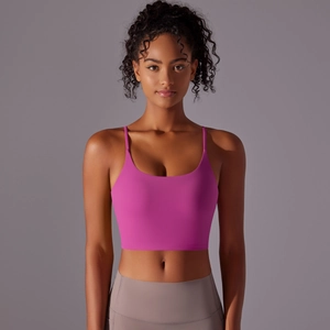 High-impact rose pink sports bra with U-neckline and nylon fabric for fitness training