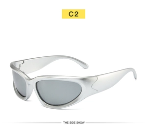 Side view detail of silver Y2K cyberpunk cycling sunglasses with gray lenses
