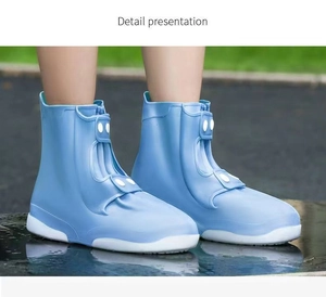 Detail presentation of blue waterproof silicone shoe covers with white button fasteners